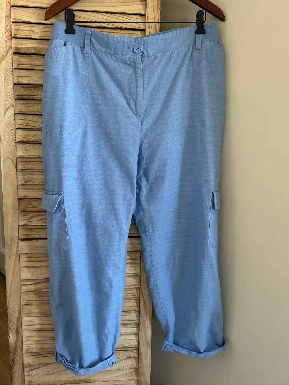 Talbots Blue Cotton Cargo Pants Women 18W Cropped Button Tab Hem Minimalist